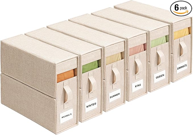 6Pack Sheet Organizers and Storage - King/Queen Size Sheet Storage Organizer with Window, Foldable & Dustproof Sheet Organizer for Linen Closet for Summer Blankets & Sheet Sets,Beige