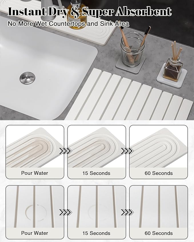 Set of 2 Large Stone Dish Drying Mat for Kitchen Counter + Faucet Mat for Kitchen Sink, Collapsible Fast Drying Diatomaceous Dish Mat, Stone Sink Splash Guard, Water Absorbing Stone Tray for Sink