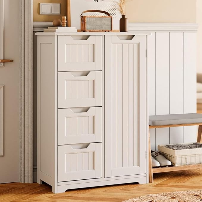 Gizoon Small Pantry Storage Cabinet with Door and Shelves, 33'' Kitchen Pantry Freestanding Wooden Bathroom Storage Cabinet with 4 Drawers for Kitchen and Dining Room, White