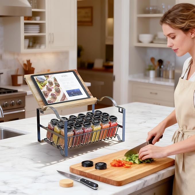 Obswell Kole 3 Tier Spice Rack Organizer with Bamboo Top Tablet Holder, 18 Spice Jars, 422 Spice Labels, and Funnel Set for Kitchen, Cabinet, Countertop, Pantry, Cupboard. Seasoning Organizer Black