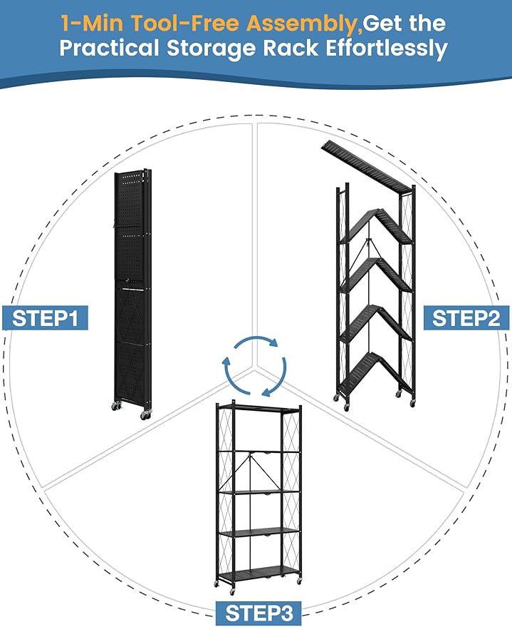 ALANNG 70.7" H Metal Storage Shelves, 5 Tier Folding Shelf on Wheels, Heavy Duty, No Assembly, Rolling, Collapsible Rack Unit for Kitchen, Basement, Pantry (Black,4 Pack)