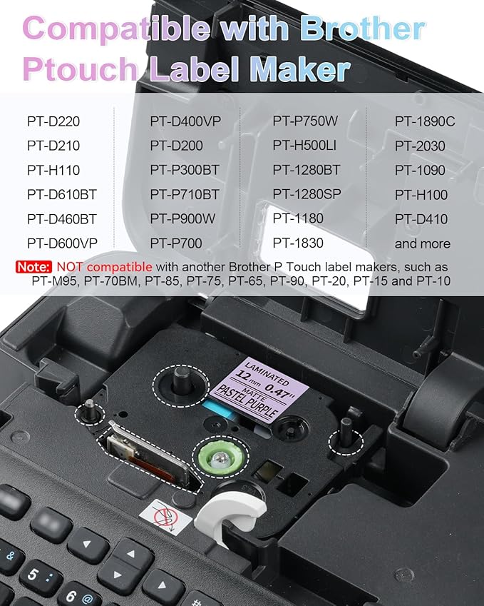 Labelife 6-Pack Compatible Brother P Touch Label Maker Tape, TZe TZ Tape 12mm 0.47 Laminated Color Label Tape for Brother PT-D210 PT-D220 PT-H110 PT-D610BT PT-D400, Pink/Blue/Purple/White/Yellow/Green