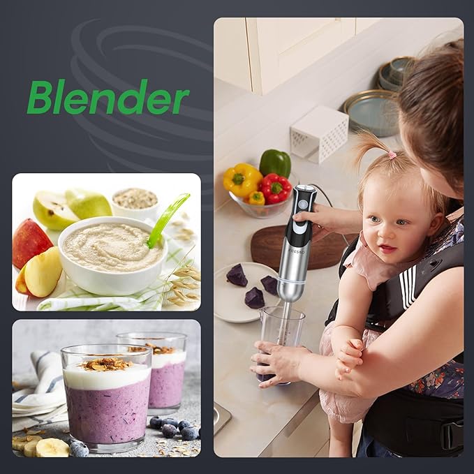 FRESKO Immersion Blender Handheld, 4-in-1 Stainless Steel Hand Electric Stick Mixer with 12-Speeds & Turbo Mode, Powerful 500W Emulsion Blender with Beaker, Chopper & Whisk