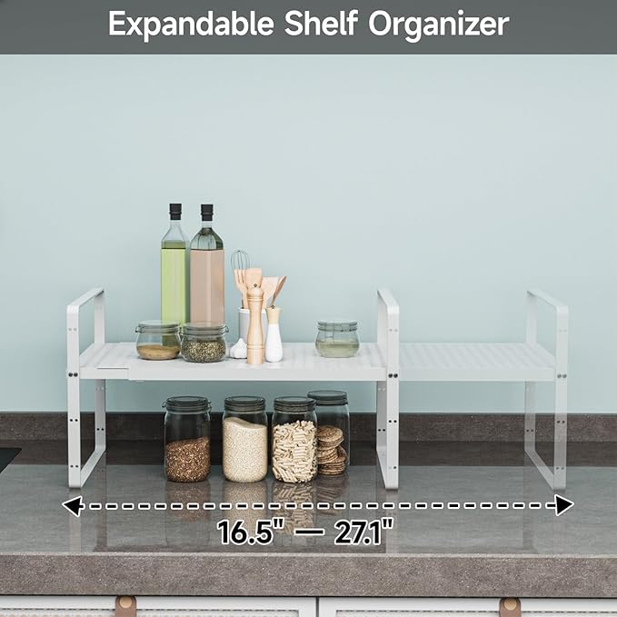 DPZM 16.5-27’’L Expandable Stackable Cabinet Shelves, Adjustable Spice Rack Cabinet Shelf Organizer for Kitchen, Countertop, Pantry and Cupboard, White