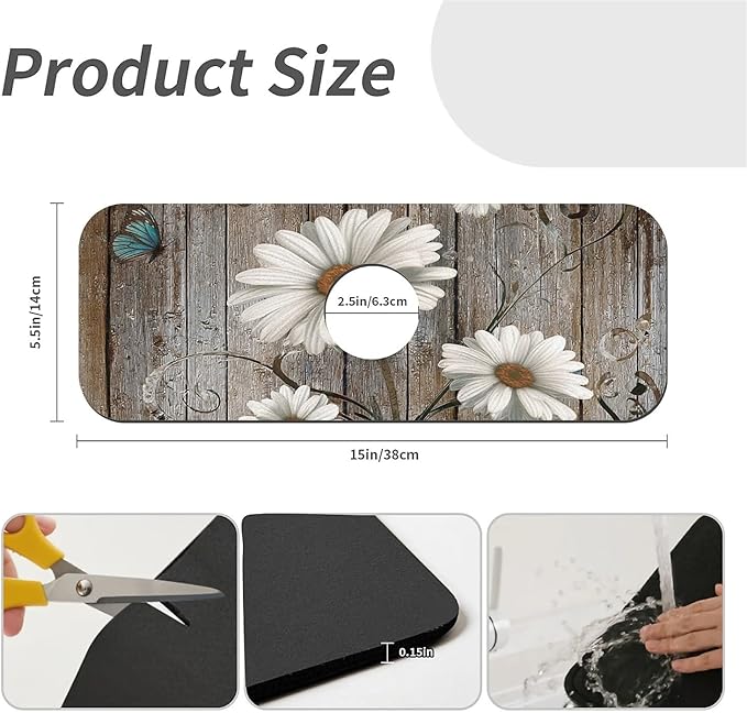 Kitchen Sink Splash Guard，Wooden,white daisies,butterflies Faucet Mat Sink Gadgets-Super Absorbent Fast Drying Mat Drip Catcher for Kitchen, Bathroom,Sink Mat, Dish Drying Mat, Bathroom(15" X 5.5" )