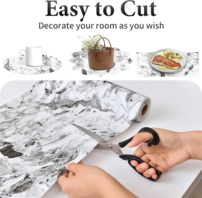 Drawer and Shelf Liner for Kitchen Cabinet: 17 in X 30 Ft Non Slip Waterproof Shelf Paper Non Adhesive Refrigerator Liners Grey and White Marble Easy Liners for Bathroom with Knife Tape Measure