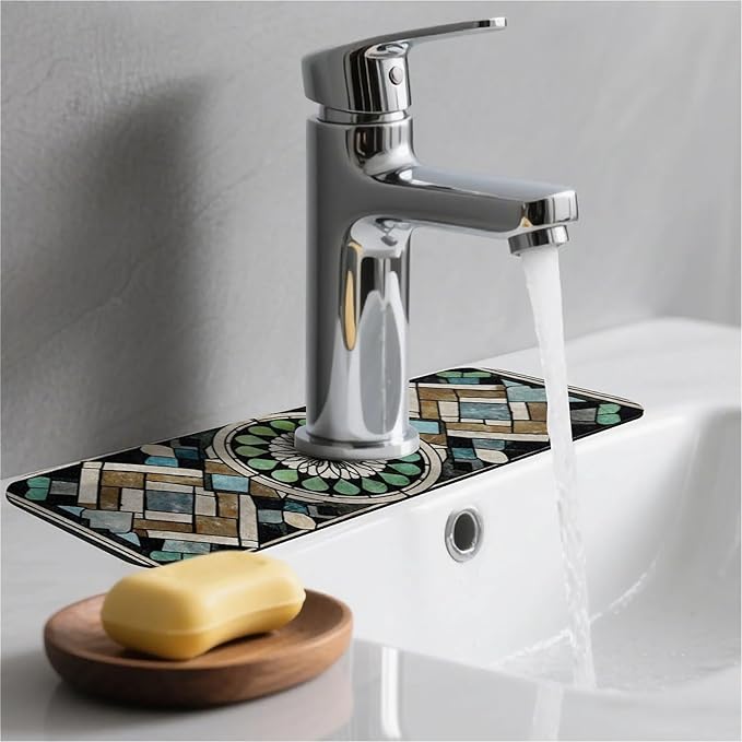 Kitchen Sink Splash Guard，Antique colored tiles Faucet Mat Sink Gadgets-Super Absorbent Fast Drying Mat Drip Catcher for Kitchen, Bathroom,Sink Mat, Dish Drying Mat, Bathroom(15" X 5.5" )