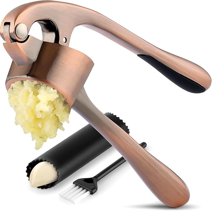 Zulay Kitchen Large Premium Garlic Press Set - Bigger Bowl for Bigger Garlic - Rust Proof Garlic Mincer Tool - Easy-Squeeze, Easy-Clean Silicone Garlic Peeler & Brush (Copper)