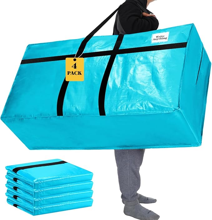 Windyun 4 Pack 69 Gallon Extra Large Moving Bags XXL Heavy Duty Storage Bag with Strong Zipper Handle Jumbo Big Tote Box Foldable for College Dorm Travel Clothes Duffle Blanket Pillow(Lake Blue)