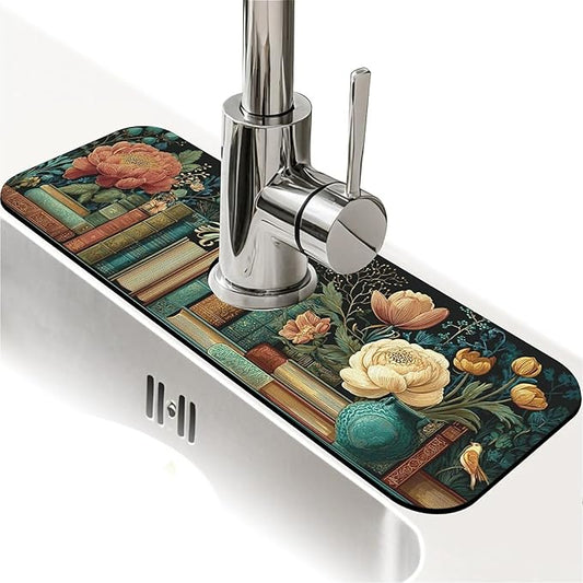 Kitchen Sink Splash Guard，Flowers and Books Faucet Mat Sink Gadgets-Super Absorbent Fast Drying Mat Drip Catcher for Kitchen, Bathroom,Sink Mat, Dish Drying Mat, Bathroom(15" X 5.5" )