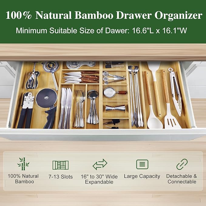 MH MYLUNE HOME Large Bamboo Expandable Drawer Organizer, Silverware Organizer for Drawers, 16 to 30 Inches Wide, 7-13 Slots, Kitchen Drawer Organizers for Utensils, Bamboo Wood Cutlery Organizers