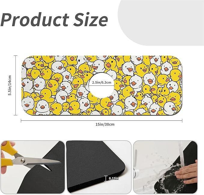 Kitchen Sink Splash Guard，Cute Duck Faucet Mat Sink Gadgets-Super Absorbent Fast Drying Mat Drip Catcher for Kitchen, Bathroom,Sink Mat, Dish Drying Mat, Bathroom(15" X 5.5" )