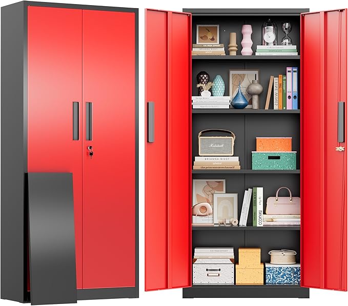 Greenvelly Metal Cabinet, 63”Tall Kitchen Pantry Storage Cabinets with 2 Lock Doors and 4 Adjustable Shelves,Black Red Kitchen Cabinet Storage for Dinning Room,Garage,Office