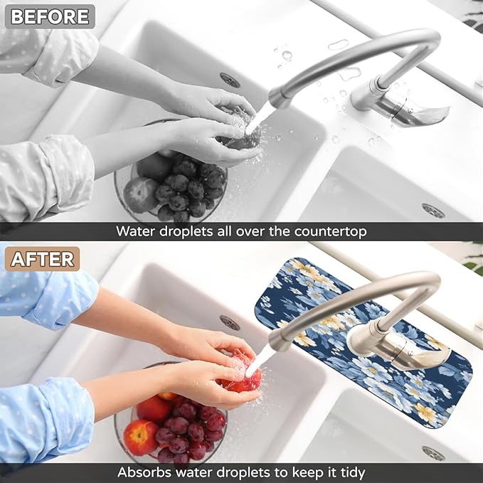 Deep Blue Floral Kitchen Faucet Mat Splash Guard, 15.4”x5.7” Absorbent Quick Drying Sink Mat for Countertop Protection, Draining Mat Sink Protectors For Kitchen Bathroom, 1 Pack