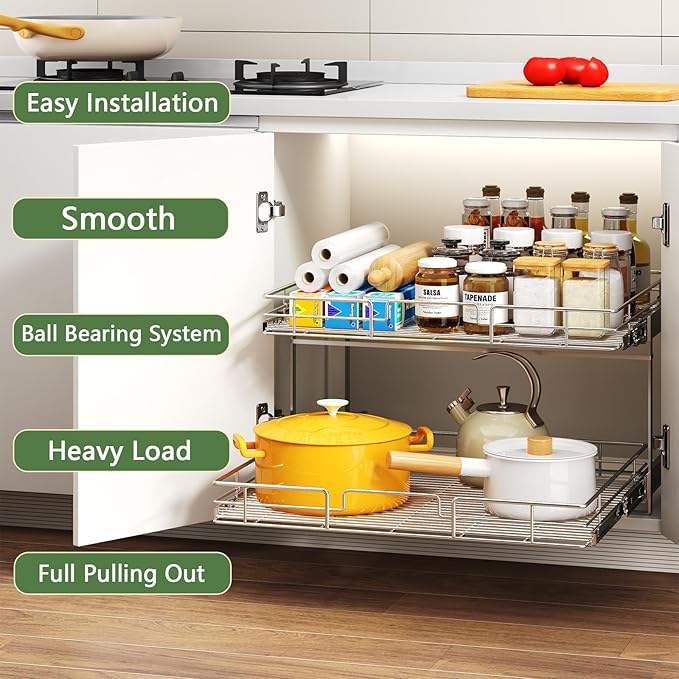 MODCART 2 Tier Individual Pull Out Cabinet Organizer 31½" W x 21½" D, Heavy Duty Cabinet Pull Out Shelves, Slide Out Drawers Organization for Kitchen Cabinets Bathroom