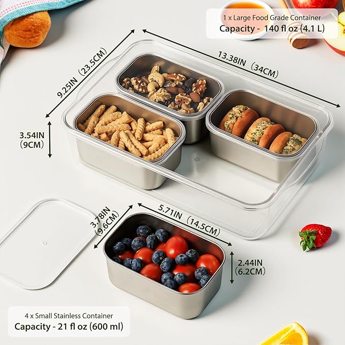Freshmage Snackle Box Container, Stainless Steel Divided Serving Snack Tray with Lid and Handle, 4 Compartment Portable Snack Platters for Road Trip, Beach, Picnic, Ball Games, Pool and Parties