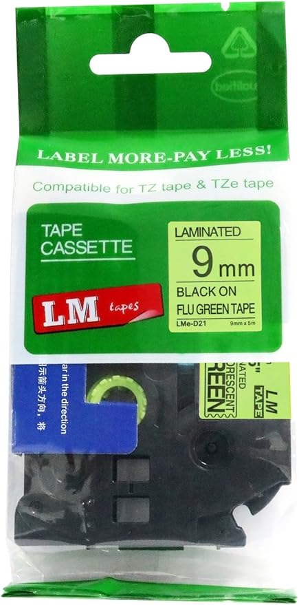 1/Pack LM Tapes - LMeD21 Premium 3/8" Black Print on Bright Green Label Compatible with P-Touch TZe-D21 Tape and Includes Tape Color/Size Guide. Replaces TZ-D21 9mm 0.35 Laminated.