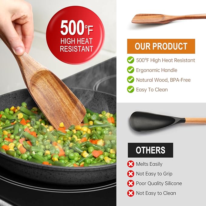Wooden Spoons for Cooking, Wooden Cooking Utensils Set of 3 including Cooking Spoon, Rice Scooper, Soup Spoon Ladle - Nonstick Cookwares, BPA-Free, Heat Resistant Teak Wood Spoons for Kitchen Use