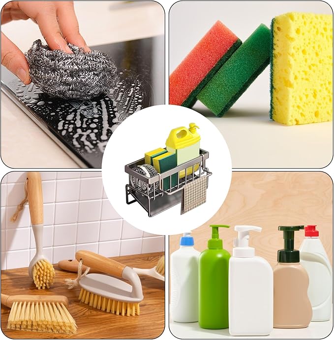 kitchen sink caddy, dish sink sponge holder (With rod-grey)