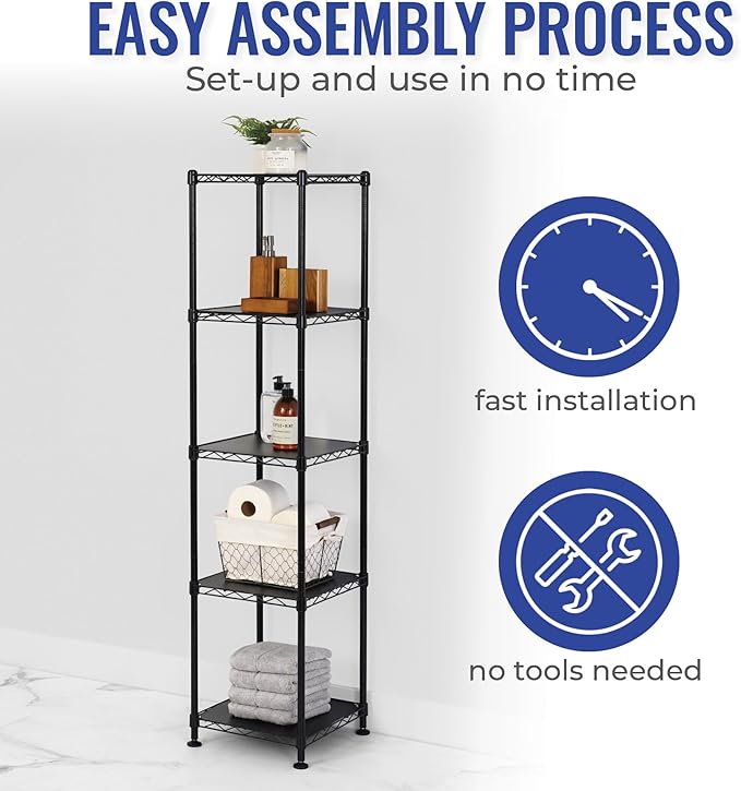 SafeRacks - NSF Certified Storage Shelves, Zinc, Heavy Duty Steel Wire Unit with Adjustable Feet, Garage or Bakers Rack, Kitchen, Pantry Shelf - (14"x14"x60" 5-Tier) (Black)