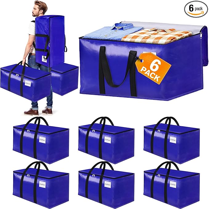 6-Pack Moving Bags with Backpack Straps & Carry Handles, 30 Gallons-125 L Heavy Duty Storage Totes for Space Saving, Foldable Storage Bags for College Dorm, Travel, Camping (Blue)