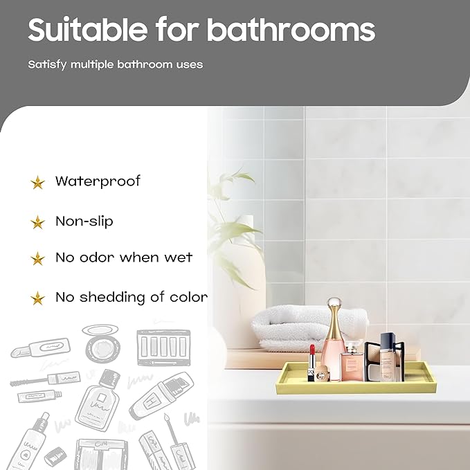 Mriluvy Vanity and Bathroom Tray, 9.8" ABS Countertop Organizer,Waterproof Vanity Tray for Toilet Tank,Perfume,Soap,Keys,Bathroom Accessories,Kitchen and Bath Trays,Non Slip Small Trays,Gold