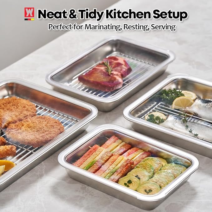 Stainless Steel Food Prep Container Set with Rack & Transparent Lid, Casserole, Bake Pan, Hotel Pan, For Deep Frying Prep/Marination/Oven Roasting/Buffet Party(No.2)
