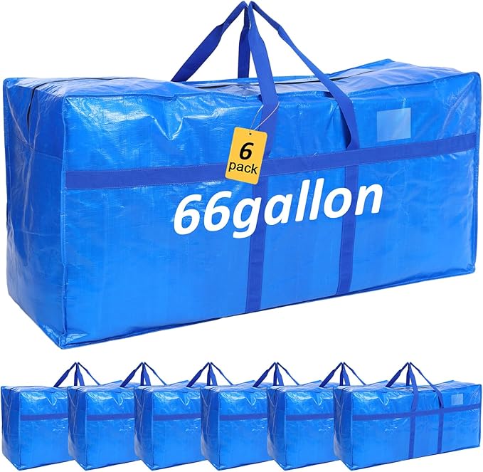 6 Pcs 66 Gallon Extra Large Moving Bags Heavy Duty Storage Bag with Strong Zipper Handle Foldable XXL Jumbo Storage Tote Packing Moving Box for College Dorm Travel Cloth Duffle (Blue)