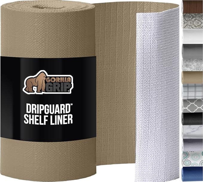 GORILLA GRIP DripGuard Shelf Liner, Non Adhesive Drawer and Kitchen Cabinet Protector, 20x240 Inch, Slip Resistant BPA Free Smooth Surface Plastic Liners for Cabinets, Bathrooms, Closets, Beige