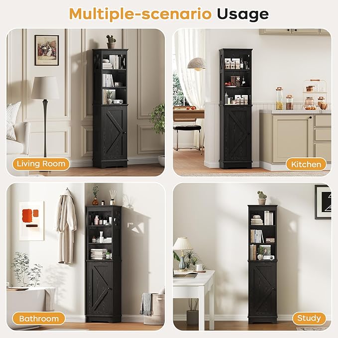 Viroformo Narrow Bathroom Storage Cabinet with Door and Open Adjustable Shelves, 60.9" H Wooden Tall Tower Corner Farmhouse Cabinet, Freestanding Organizer for Kitchen, Entryway Black