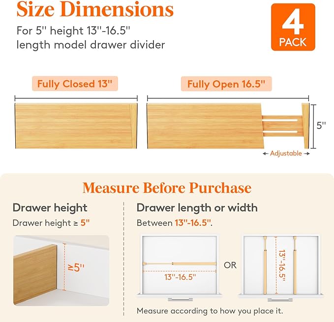 Lifewit 4 Pack 5" Deep Bamboo Drawer Dividers, 13-16.5" Expandable Drawer Organizers for Clothes, Adjustable Dresser Drawer Divider, Clothing Drawer Separators for Dresser, Bedroom, Bathroom, Kitchen