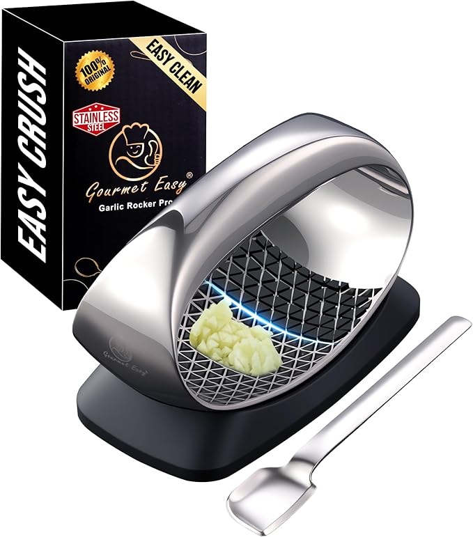 Garlic Press Rocker Stainless Steel with Eject Base + Scraper Spoon, Innovative 3D Cutting, Easy Crush & Clean Garlic Mincer, Premium Garlic Peeler Tool with Non-Slip Ergonomic Grip, 5 Year Warranty
