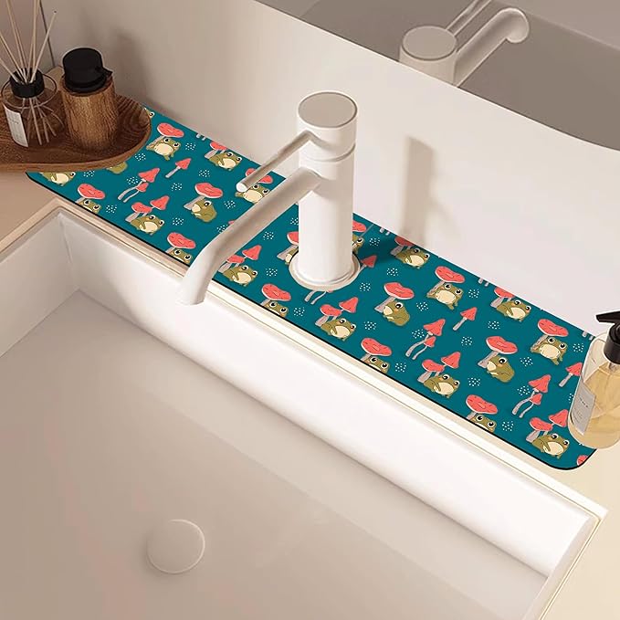 Cute Frog and Mushrooms Dish Drying Mat for Kitchen Sink Splash Guard Behind Faucet Sink Mat Absorbent Fast Drying Faucet Draining Mat for Bathroom Kitchen 5.5"×24"