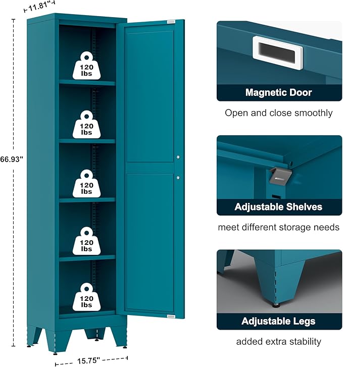 LCAOPC 67" Tall Narrow Bathroom Metal Storage Cabinet with 4 Adjustable Shelves, Freestanding 5 Tier Slim Pantry Storage Cabinet for Small Space, Peacock