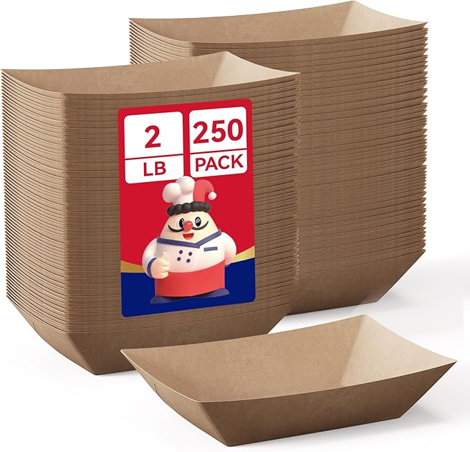 JOLLY CHEF 2lb Paper Food Trays, 250 Pack Disposable Paper Boat, Serving Boats, Food Holder Trays for Snacks French Fries Nachos Hot Dog Tacos BBQ Party