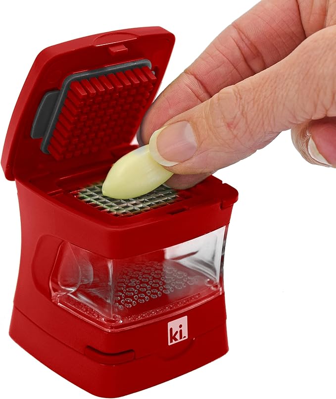 Kitchen Innovations Garlic-A-Peel Garlic Press, Crusher, Cutter, Mincer, and Storage Container - Includes Silicone Garlic Peeler - Easy to Clean - Stainless Steel Blades – (Red), standard