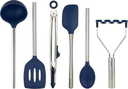 Tovolo Silicone Cooking Utensil Set of 6 Deep Indigo Ladle Slotted Turner Tongs Flex Core Spatula Scraper Mixing Spoon and Potato Masher, Dishwasher Safe Non Toxic BPA Free Silicone Kitchen Utensils