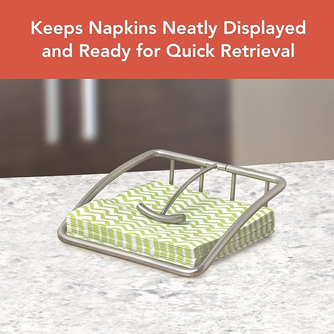Spectrum Euro Napkin Holder for Table Kitchen Organizer for Counter Dining Room Table, Modern Sturdy Metal Flat Napkin Dispenser with Weighted Tension Arm Home for Paper Cocktail Napkin, Satin Nickel