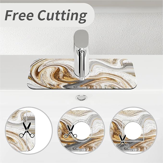 Kitchen Sink Splash Guard，White grey gold marble Faucet Mat Sink Gadgets-Super Absorbent Fast Drying Mat Drip Catcher for Kitchen, Bathroom,Sink Mat, Dish Drying Mat, Bathroom(15" X 5.5" )
