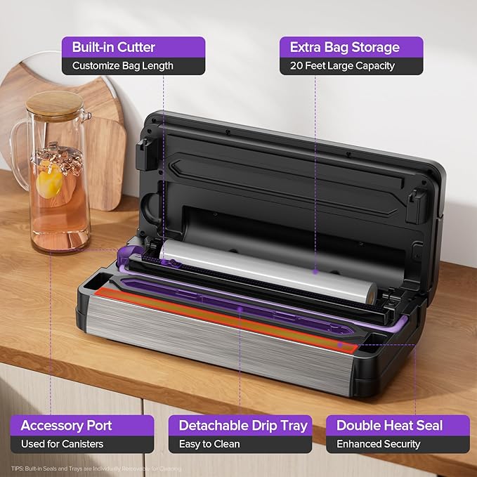 95kPa Vacuum Sealer Machine, Fully Automatic Food Sealer, Touch Display, 10-in-1 Functions & Powerful Sealing System with Double Heat Seal, Easy-Lock Handle, Built-in Cutter(Deep Gray)