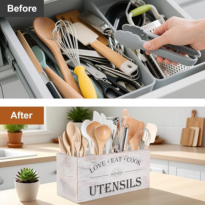Natural Summertime 2 PC Wooden Utensil Holder,（With 4-Compartments size*1 + 3-Compartments size*1） Extra Large Kitchen Counter,Cooking Spatula Organizer,Farmhouse Decor, Rustic Cooking Utensil