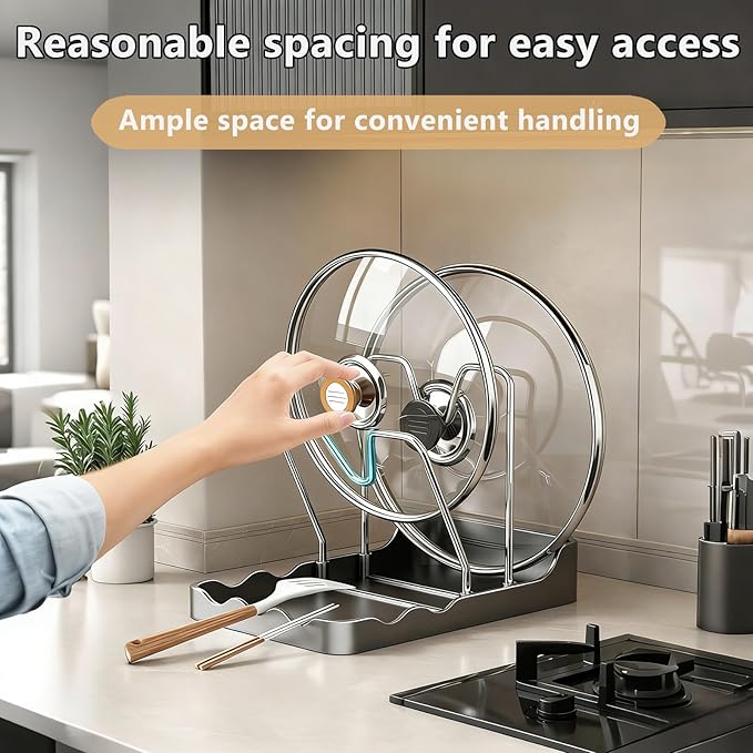 Multi-Functional Kitchen Pot Lid Storage Rack - Double Layer Holder for Pots, Cutting Boards, Spoons & Chopsticks - Rust-Resistant Carbon Steel - Black