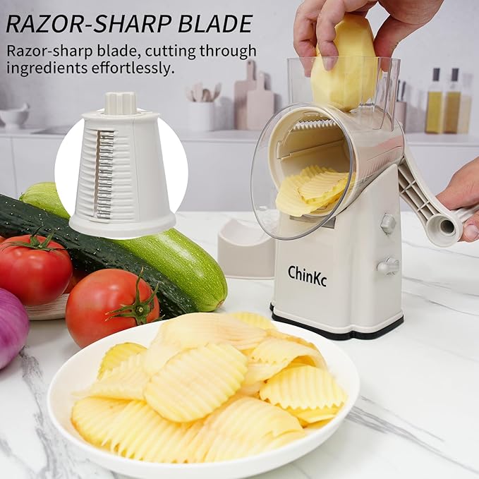 ChinKc Upgrade Rotary Cheese Grater Shredder with Handle, Strong Suction Base, Multi-purpose Rotary Grater Slicer with 5 Interchangeable Blades for Ice, Vegetables, Fruit, Nuts with Blade Storage Box