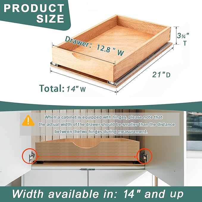 SITOO Pull Out Drawers for Kitchen Cabinets, Pull Out Cabinet Organizer, Fully Assembled Wood Cabinet Pull Out Drawer, Fast and Easy DIY Installation, 14”W x 21”D