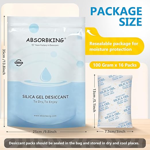 Moisture Absorbers – 100 Gram 16 Packs Silica Gel Packets Food Grade Silica Packets with Color Indicating, Premium Desiccant Packs for Food, Electronics, Closet, Jewelry and Safe Storage