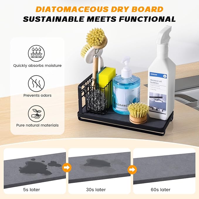KONE Black Kitchen Sink Caddy: Kitchen Sponge Holder with Instant Drying Stone and Brush Holder, Rustproof Sink Organizer for Sponges, Soap, Home Decor Storage and Organization