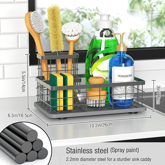 Large Family-Sized Sponge Holder for Kitchen Sink, Sink Caddy Organizer with Brush Holder - Drain-Free Non-Slip Base, Stainless Steel with Rust-Resistant Coating-10.24" L x 6.5" W x 5.83" H