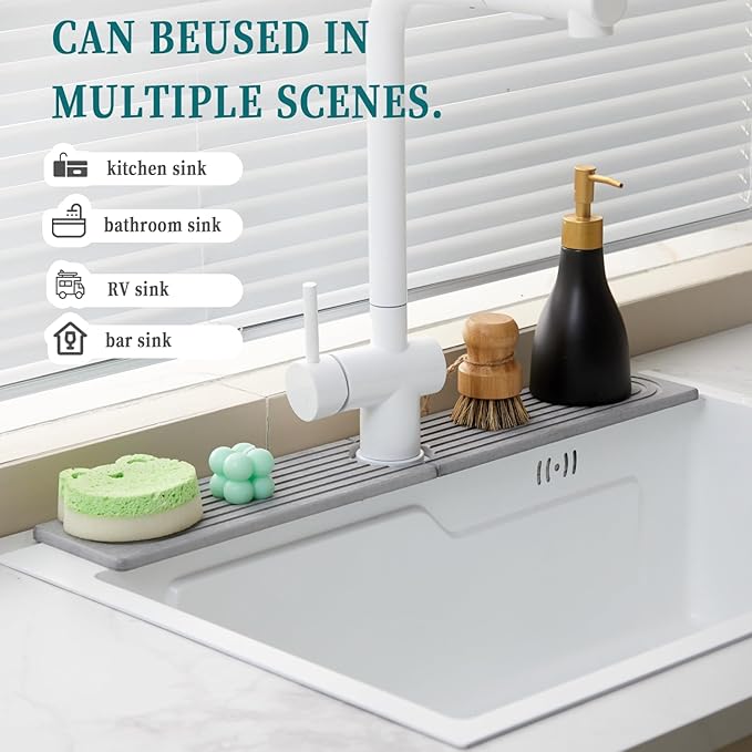 Stone Faucet Mat for Kitchen Sink Bathroom Counter, 23.6 Inch Light Grey Diatomite Water-Absorbing Drying Stone Mat, Sink Stone Tray Protector,Prevent Moisture Sink Splash Guard