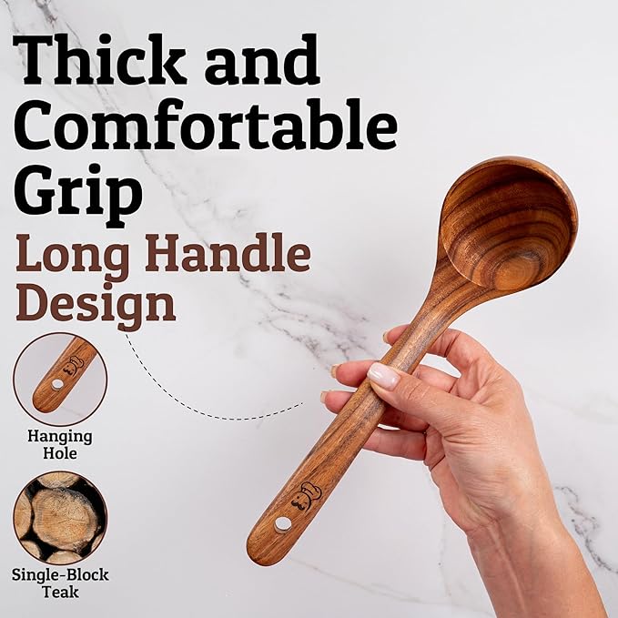 Priority Chef Large Wooden Ladle – Teak Soup Spoon with Long Handle for Serving and Stirring, Nonstick Safe and Easy to Clean – Premium Wooden Utensil for Kitchen Use