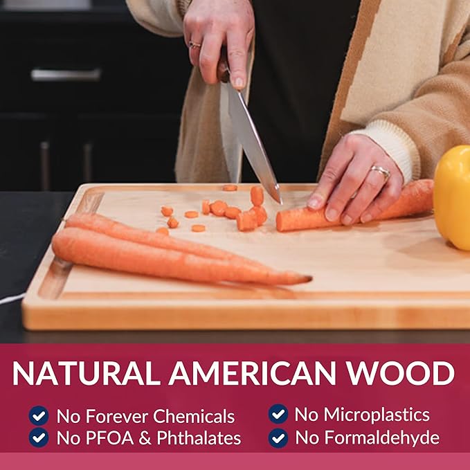 Made in USA Extra Large Solid Maple Wood Cutting Board by Virginia Boys Kitchens - Butcher Block Wooden Carving Board with Juice Groove made from Sustainable North American Hardwood (18x24)